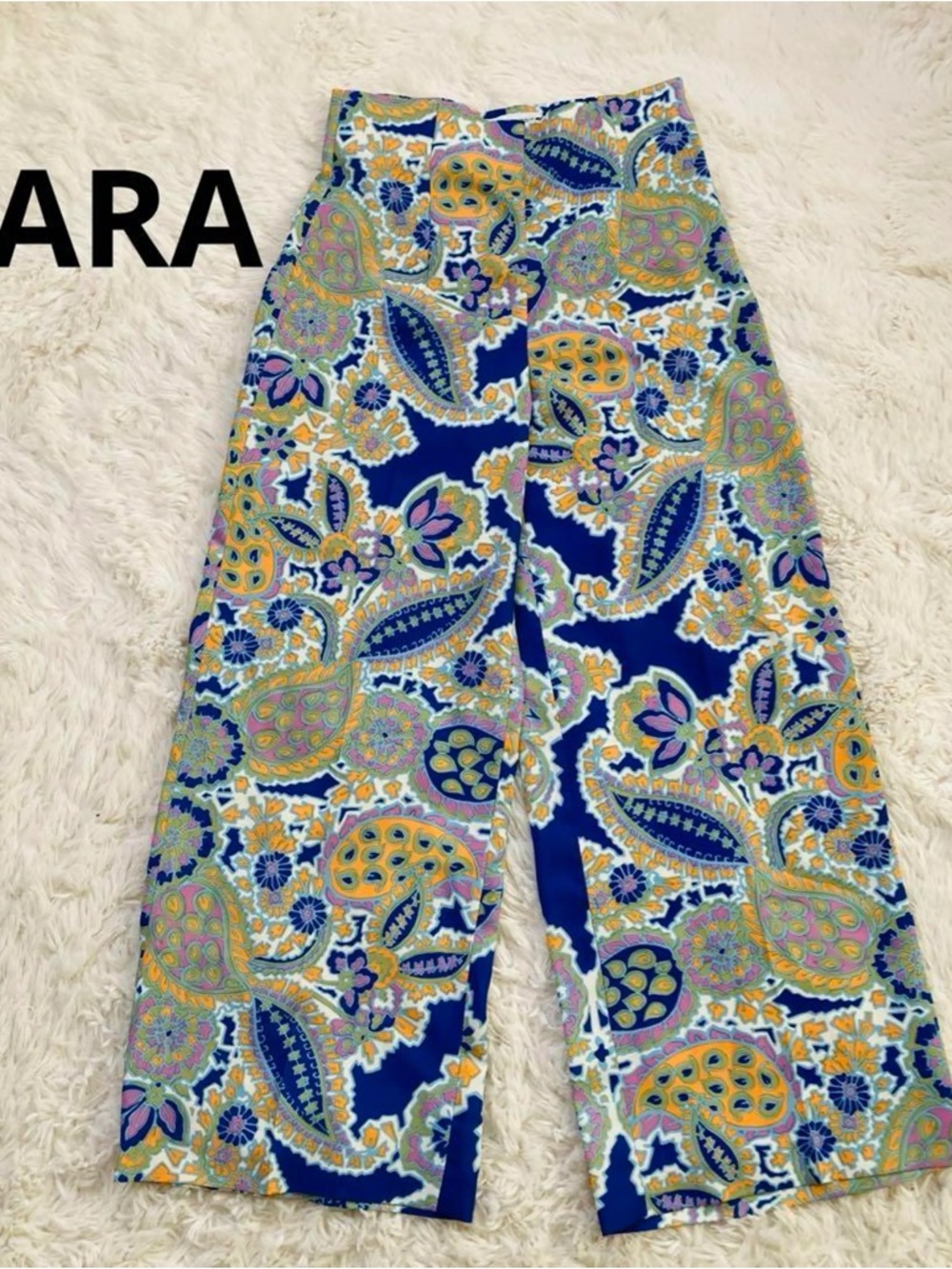 ZARA Paisley Wide-Leg Cropped (calf length) Pants in Blue, Yellow, Pink